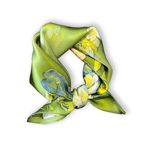 100% Mulberry Silk Neck Scarf - 21'' x 21'' Lightweight Neckerchief - Women Men Small Square Digital Printed Scarves - color: Green Flower