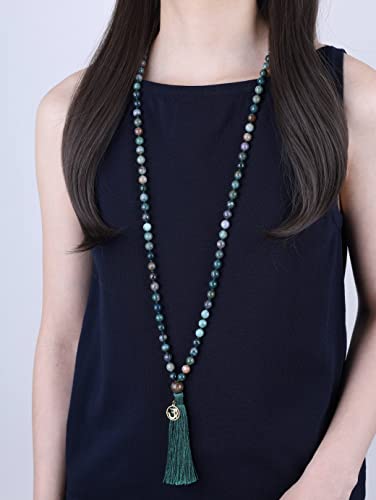 COAI OM Charm Hand Knotted Tassel 108 Mala Beads Necklace - color: Faceted India Agate, size: 8mm