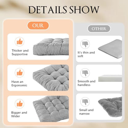 Meditation Floor Cushions Set of 2, Thickened Floor Pillow for Adults, Large Square Pillows Seat Cushion for Tatami Living Room Yoga, Memory Sponge Block Added, 22x22 Inch, Grey