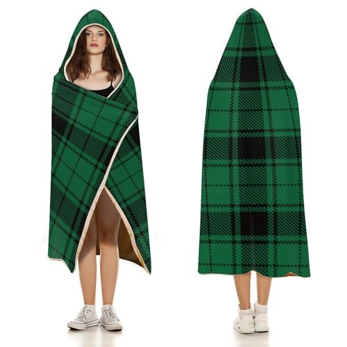 Scottish Tartan Plaid Green Large Size Comfortable Hooded Blanket, Warm Blanket 50"x60" - color: Scottish Tartan Plaid Green, size: 50"x60"