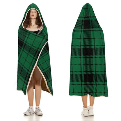 Scottish Tartan Plaid Green Large Size Comfortable Hooded Blanket, Warm Blanket 50"x60" - color: Scottish Tartan Plaid Green, size: 50"x60"