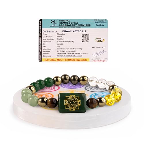 Natural Healing Dhan Yog Bracelets For Men & Women Certified Gemstone 8mm Beads for Money Magnet & Wealth Attraction, Prosperity, Success, Protection, Luck, Stress Relief & Emotional Balance DhanYog Bracelet - color: Kuber Dhanyog + 7 Chakra Selenite Plat