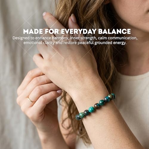 Cherry Tree Collection Tigers Eye Bracelets Plus Over 40 Other Stones – Gemstone Beads for Men & Women, Promotes Protection, Courage, Focus, Balance & Luck – Available in S, M, L with 8mm Round Beads - color: Chrysocolla, size: Small