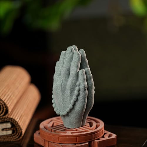 Yardwe Zen Buddha Beads Hand Statue Sandstone Craft Figurine Home Decor Accent Meditation Sculpture for Living Room Tea Room Display