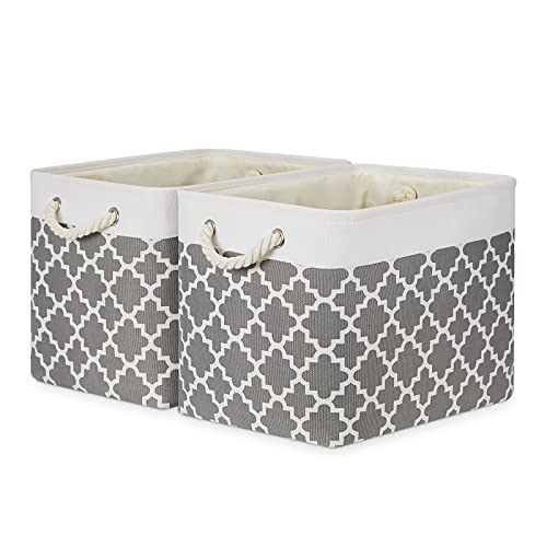 Bidtakay Large Fabric Storage Basket Set of 2 Collapsible Rectangle Basket for Shelves 16" X 11.8" X 11.8" Decorative Organizer Bins for Clothes Toys(White&Quatrefoil Grey) - color: Grey Quatrefoil, size: 2 Pack-L-16x11.8x11.8 In