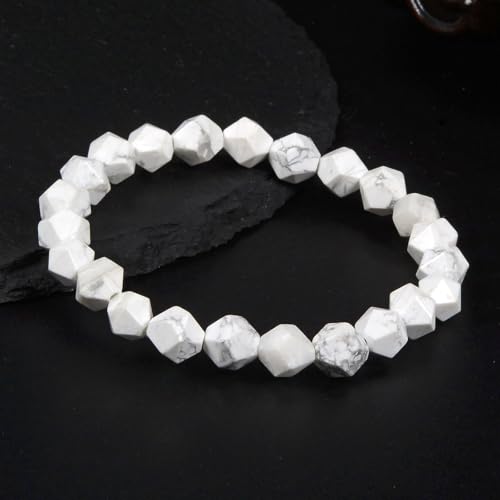 Justinstones 8mm Natural Gemstone Round Beads Triangle Faceted Charm Stretch Bracelet 6.5" - color: White Howlite