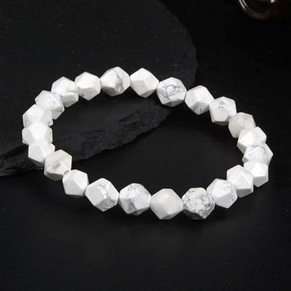 Justinstones 8mm Natural Gemstone Round Beads Triangle Faceted Charm Stretch Bracelet 6.5" - color: White Howlite