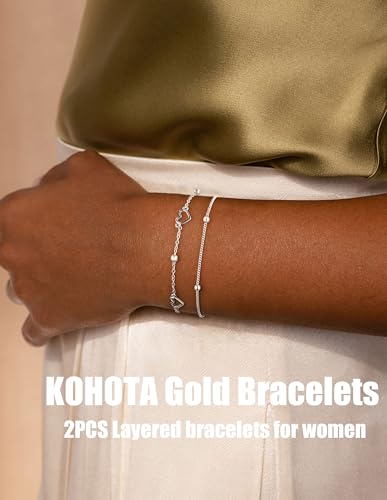KOHOTA Silver Gold Bracelets for Women Trendy 14K Gold Plated Bracelet for Women Non Tarnish Dainty Stackable Layered Chain Heart Pearl Knot Beaded Bracelets Stack Set Charm Mothers Day Jewelry Gifts - color: C.Heart-silver