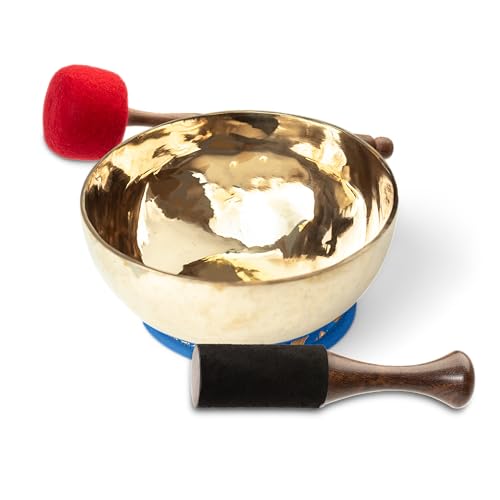 Tibetan Singing Bowl – Handcrafted Bronze Himalayan Bowl with Silk Cushion & Mallet | Made in Nepal (Serenity Cushion (Blue), Large (10 inches) - color: Serenity Cushion (Blue), size: Large (10 inches)