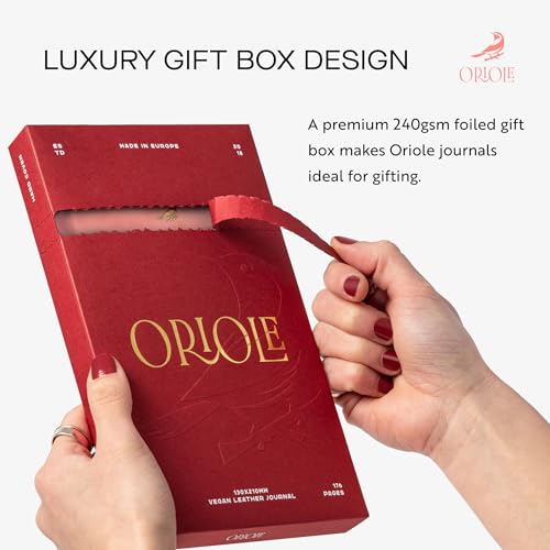Oriole Vegan Leather Ruled Notebook - Pink | 176 Pages of Thick Lined Paper | Soft Touch Hardcover Journal (5 x 8 in) with Gold Foil Bird Design & Luxury Gift Box - color: Pink