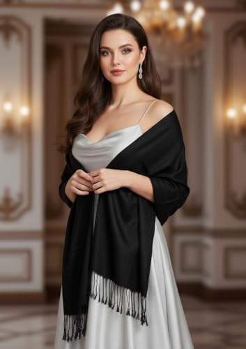 Pashmina Shawls Wraps for Women. Dress Cover Up Formal. Cashmere Feel Wrap for Evening Dress. - color: Deep Black