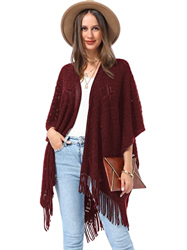 Soul Young Knit Shawl Wrap for Women Ladies Fringe Poncho Blanket Cardigan Cape - color: Z Rhombus Burgundy