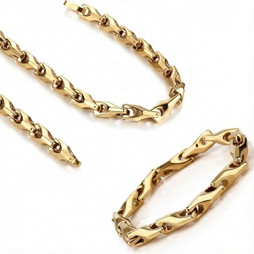 Urban Jewelry Men’s Wheat Link Bracelet Collection – Tungsten Carbide Base, 3-Sided Links, 8.3 Inch, Black, Silver & 24K Gold Plated Variations, Scratch-Resistant, Gift Box - color: 18K Gold Plated over Tungsten Bracelet Necklace Set