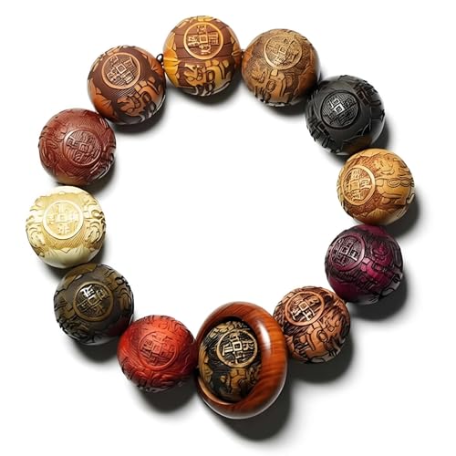 Zen Dear Unisex Natural Colorful Wood Buddhist Prayer Beads Bracelet Necklace Tibetan Mala Prayer Beads - style: 20mm 12beads Carve+Ring