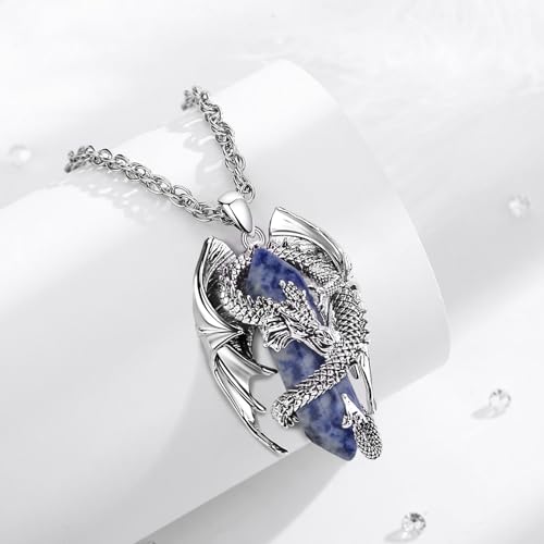 INFUSEU Unique Dragon Necklaces with Healing Crystal Stone for Men Women, Personalized Spiritual Gifts, 24 Inch Chain - color: Blue