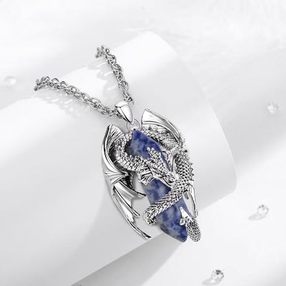 INFUSEU Unique Dragon Necklaces with Healing Crystal Stone for Men Women, Personalized Spiritual Gifts, 24 Inch Chain - color: Blue