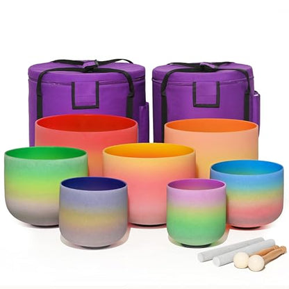 440HZ 6"-12" Set of 7 PCS Quartz Rainbow Crystal Singing Bowls Set Sound Healing with Carrying Case Mallet and Suede Striker - color: 6"-12" multicolor