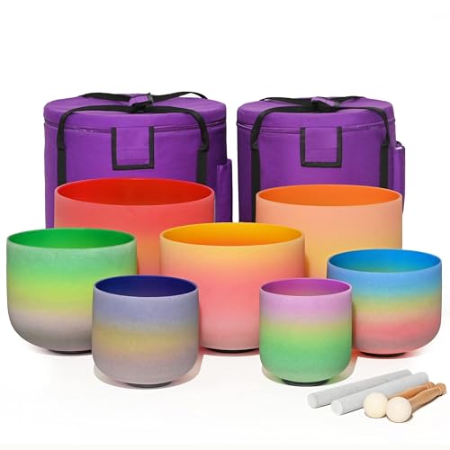 440HZ 6"-12" Set of 7 PCS Quartz Rainbow Crystal Singing Bowls Set Sound Healing with Carrying Case Mallet and Suede Striker - color: 6"-12" multicolor