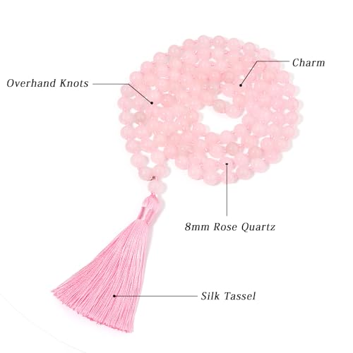 8MM Beads Chakra Long Mala Necklace Natural Stone Meditation Statement Necklace Japa Yoga Buddhist Rosary Prayer Charm Beaded Tassel Necklace - color: Rose Quartz