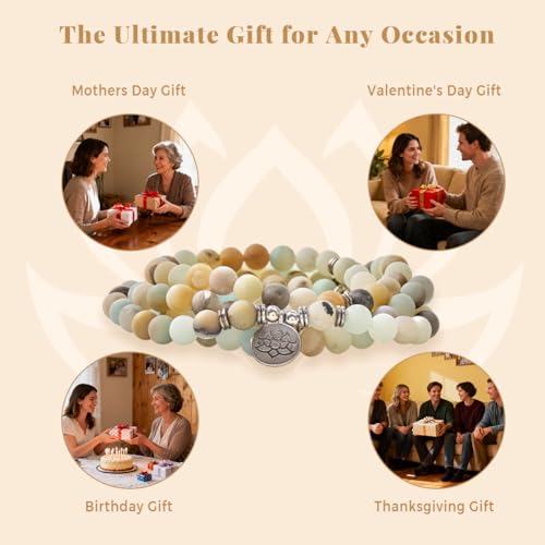 Natural 108 Mala Amazonite Beads Yoga Necklace with Lotus Pendant, Gemstone Beads Wrap Bracelet for Meditation & Mindfulness, Stretch Prayer Beads Necklace for Women & Men, Stress Relief Mother's Day Spiritual Gifts, Includes Gift Box - 6mm