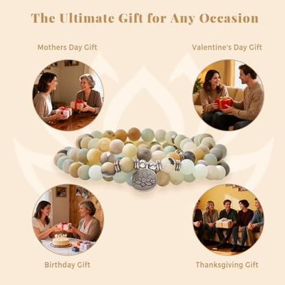 Natural 108 Mala Amazonite Beads Yoga Necklace with Lotus Pendant, Gemstone Beads Wrap Bracelet for Meditation & Mindfulness, Stretch Prayer Beads Necklace for Women & Men, Stress Relief Mother's Day Spiritual Gifts, Includes Gift Box - 6mm