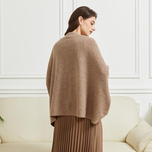 BRYCTSISEN Women's Lightweight Wool Shawl Wrap Scarf with Sleeves Outer Warm Knitted Open Front Poncho Cape Fall Winter - color: Brown