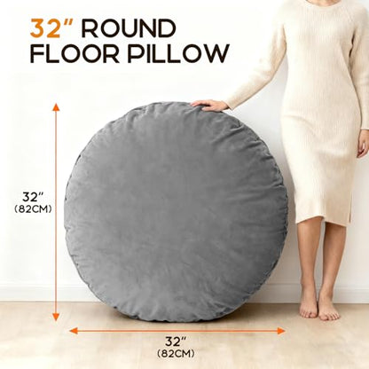 32 Inch Round Floor Pillow, Large Thick Meditation Cushion for Adults with Velvet Cover, Supportive Floor Seating for Yoga Lounge Living Room, 13 Inch Thick Padding, Grey