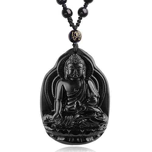 Black Obsidian Necklace Natural Crystal Amulet Protection Pendant with Adjustable Rope Lucky Talisman Necklaces Jewelry Gift for Men Women - color: Buddha A