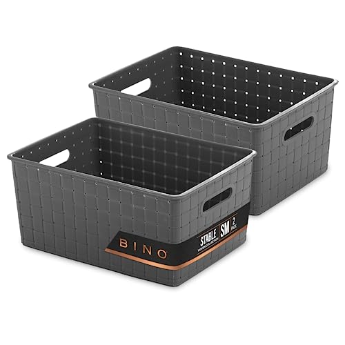 BINO | Plastic Storage Baskets Small - Grey | THE STABLE COLLECTION | Multi-Use Storage | Rectangular Cabinet Organizer | Baskets For Organizing with Handles | Home Office Organization and Storage - color: Grey, size: 2PK Small