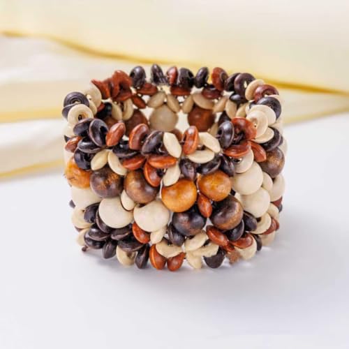 Zian Bohemian Wooden Beaded Bracelets for Women Handmade Colorful Wide Chunky Elastic Stretch Bracelets Boho Wristband Summer Beach Jewelry - color: Brown Beige