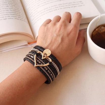 Edoneery Leather Wrap Bracelet for Women, Boho Handmade Multi-Layer Cuff with Crystal Beads Heart, Stackable Bangle Western Jewelry Gift - style: Circle Heart(Black)