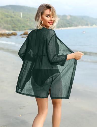 iClosam Women Casual 3/4 Sleeve Sheer Open Front Cardigan Sweater Kimono - color: Dark Green, size: XX-Large