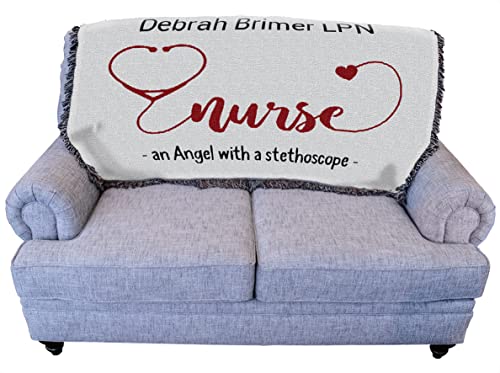 Nurse an Angel with a Stethoscope Blanket - Personalized - Medical Professional - Gift Tapestry Throw for Back of Couch or Sofa Woven from Cotton - Made in The USA (61x36) - color: Nurse Angel, size: 61" x 36"