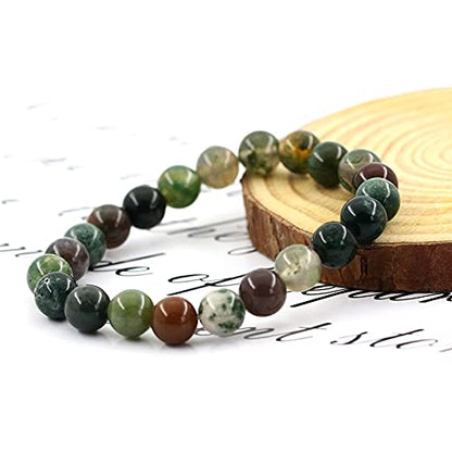 Natural Gemstones Bracelet 8mm Chakra Round Beads Energy Power Crystal Reiki Healing Elastic Stretch 7 Inch for Women Men Unisex - color: Indian Agate
