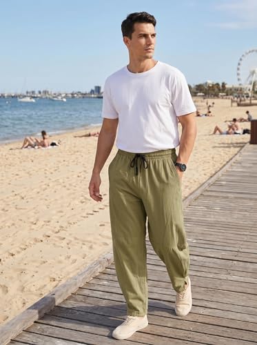 perdontoo Men's Linen Cotton Loose Fit Casual Lightweight Elastic Waist Summer Beach Pants