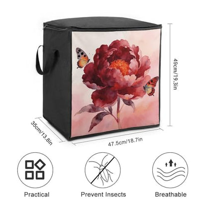 Flower Dark Red Storage Bag Portable Closet Organizer Storage Bags Quilt Storage Bags with Zippered Breathable Storage Bag with Carry Handles for Blanket Pillow Bedding