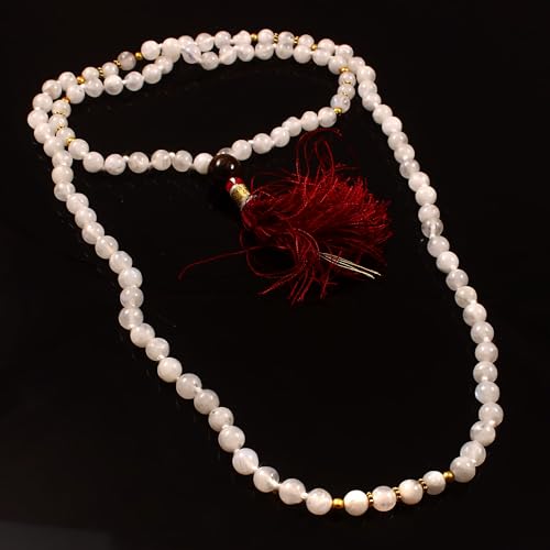 Meditation Blue Fire Moonstone 108 Mala Necklace|Natural AAA Moonstone Mala|108 Prayer Beaded Mala Necklace| Hand Knotted Mala Bracelet | Japa Mala| 8mm Round Beads|, ys/m, Gemstone, Moonstone, White