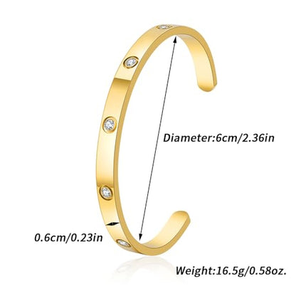 Gold Bangle for Women - 18K Gold Plated Stainless Steel Love Friendship Crystal Bracelets with Cubic Zirconia - color: 5CZ Cuff Bangle - GOLD