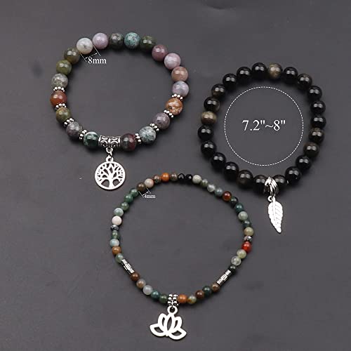 Tree of Life Yoga Healing Stone Bracelets,Multilayer Lotus Chakra Stone Reiki Bracelet Sets,Anxiety Crystal Natural Stone,for Women Stress Relief - style: Indian agate+golden obsidian