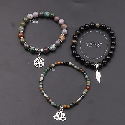 Tree of Life Yoga Healing Stone Bracelets,Multilayer Lotus Chakra Stone Reiki Bracelet Sets,Anxiety Crystal Natural Stone,for Women Stress Relief - style: Indian agate+golden obsidian