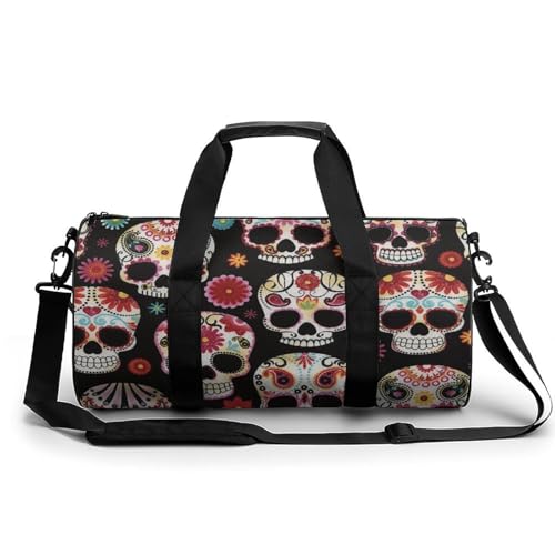 Sugar Skull Art Cylindrical Portable Fitness Bag, Large Capacity Handbag - color: Sugar Skull art