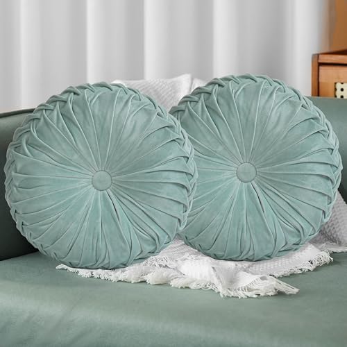 HIG Set of 2 Aqua Ruched Velvet Round Throw Pillows – 14.5’’ Decorative Pillows with Soft Polyester Filling for Couch, Bed, Living Room, Bedroom, or Dorm – Handmade, Stress Relieving, All-Season - color: R-aqua