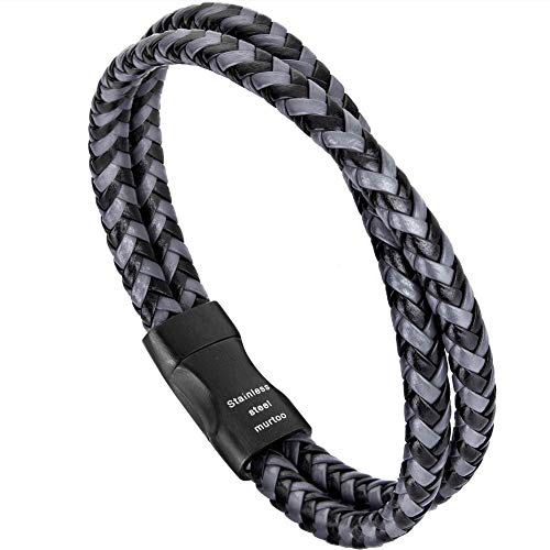 murtoo Mens Bracelet Leather Braided, Brown and Black Leather Bracelet for Men - color: Black-grey, size: 8.46"