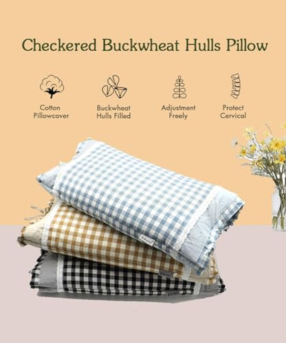 Upgrade Buckwheat Pillows for Sleeping, Neck Pillow Adjustable Buckwheat Hulls Filled with Pillow Cover Neck Support for Back and Side Sleepers (20x11 inch, Khaki) - color: Plaidkhaki