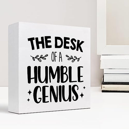 Funny Wooden Box Sign, Humble Genius Humorous Wooden Decor, Plaque for Home Farmhouse Office Desk Shelf - style: Humble