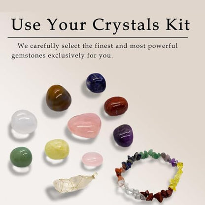 7 Chakra Healing Crystal Gift Set-Mindfulness Meditation Kit with Raw Stone Points,Reiki Energy Bracelet&White Quartz Necklace in Gift Box