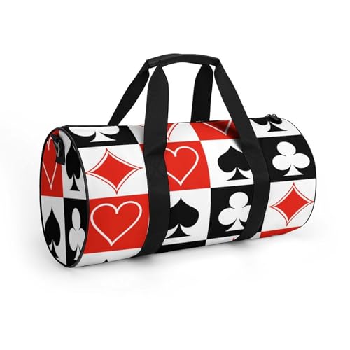 Suits Hearts Diamonds Clubs Spades Grid Poker Playing Cards Cylindrical Portable Fitness Bag, Large Capacity Handbag - color: suits hearts diamonds clubs spades Grid Poker