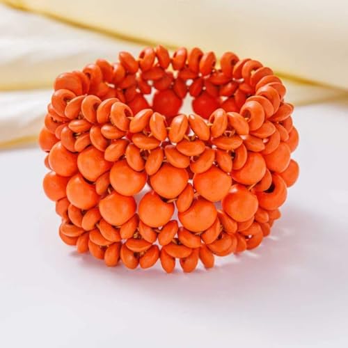 Handmade Wooden Bead Bohemian Elastic Stretch Bracelet Colorful Flower Pattern Design for Women Summer Beach Holiday Jewelry Lightweight - color: orange