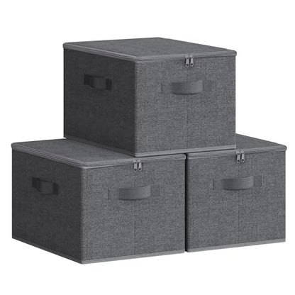 SONGMICS Foldable Storage Organizer Boxes, Set of 3 Storage Basket Bins with Lids, Handles, Clothes Organizer, 15.7 x 11.8 x 9.8 Inches, Non-Woven Fabric, Slate Gray URYZB03G