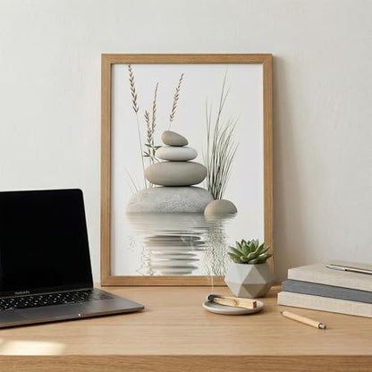 Calming Zen Stone Framed Wall Art - Serene Rock Balance with Water Reflection and Reeds, Natural Wood Frame Perfect for Bathroom, Spa, Living Roomor Meditation Decor 8''x10 Inch